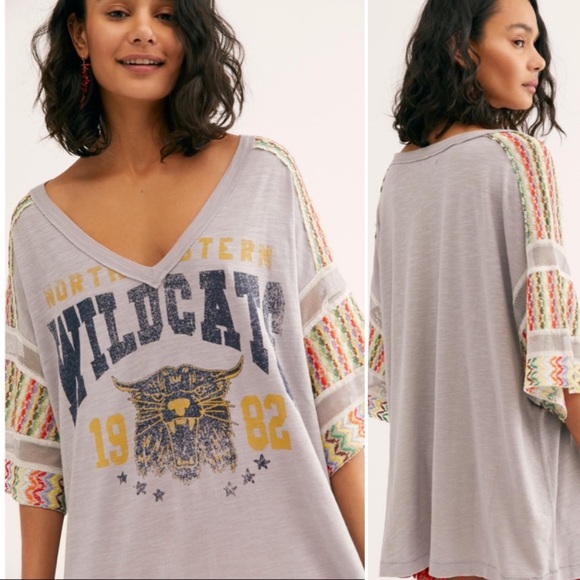 Free People Tops - Free People We the Free Casbah Tee Wildcats Graphic Embroidered Sleeves Sz XS